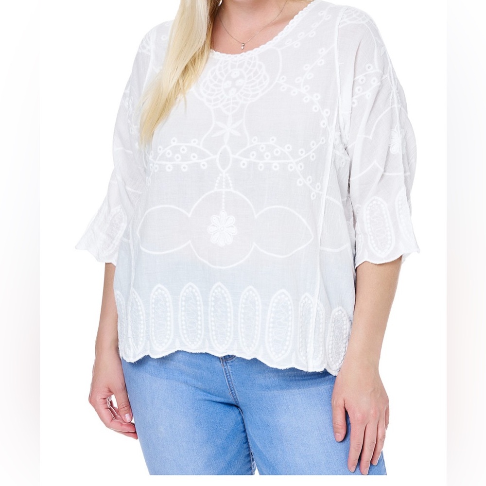Single Thread Plus White Cotton Embroidered Top Women Size 2X